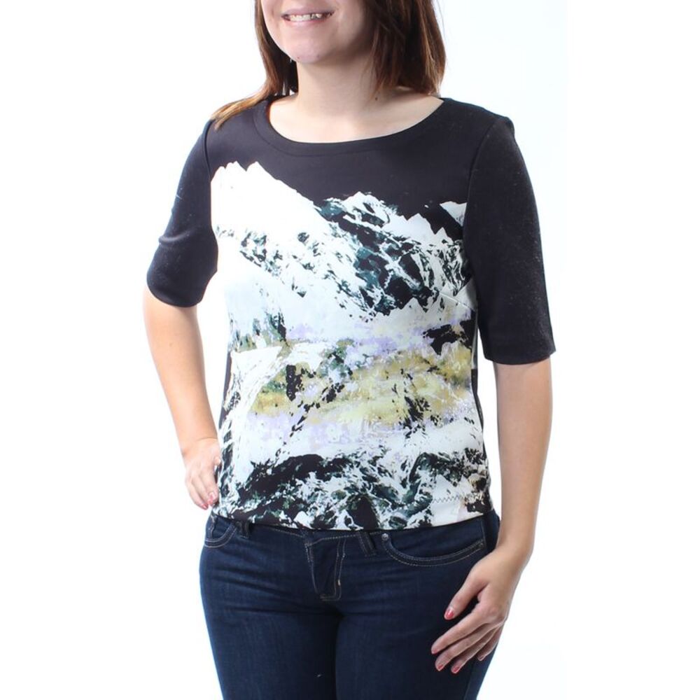 KIIND OF Womens Black Printed Short Sleeve Jewel Neck Top Size: S